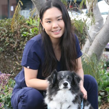 Dr Abby Noh kneeling with a dog